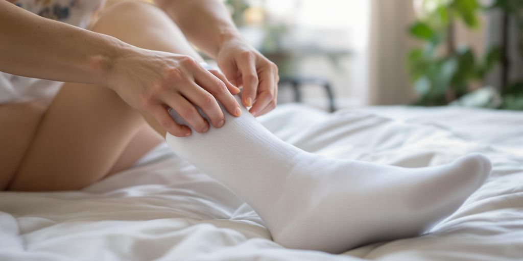 Person putting on white compression socks after surgery