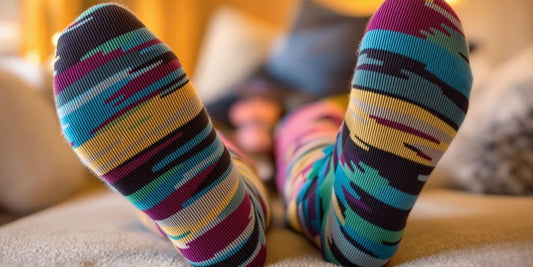 Feet in extra wide cozy socks resting on a couch