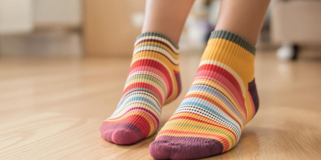 Women wearing colorful non slip socks indoors on wood floor.