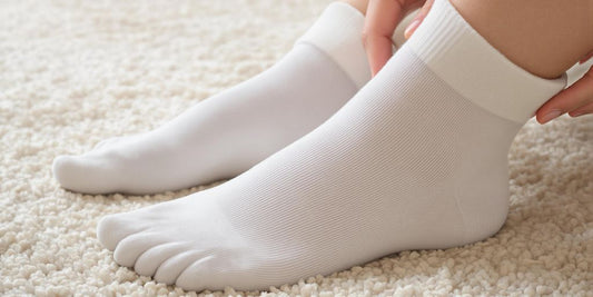 Person wearing white cotton diabetic socks at home