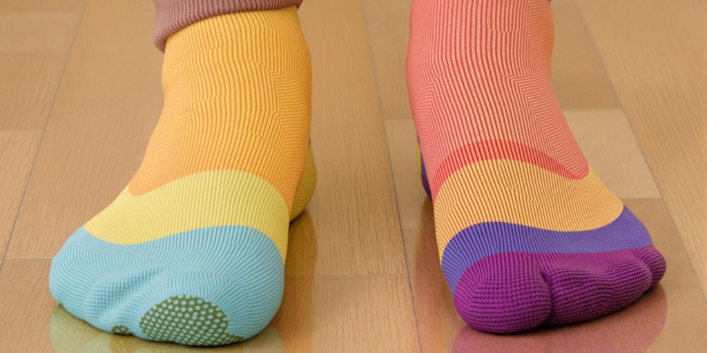 Close-up of colorful anti slip socks on wooden floor