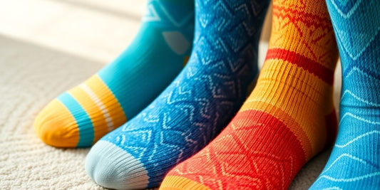 Colorful plus size diabetic socks on a soft surface.
