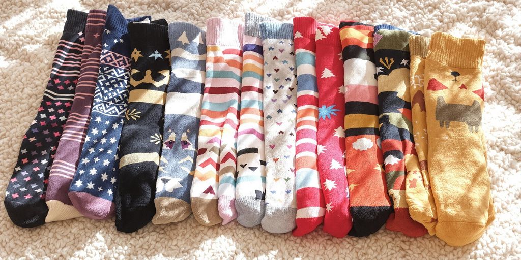 Colorful large socks on a cozy blanket in sunlight