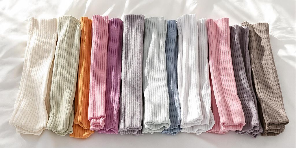 Colorful cotton knee-high socks arranged on white surface.