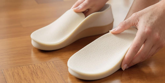 Hands placing extra wide insoles into walking shoes