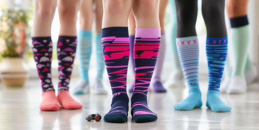 People wearing colorful knee-high compression socks indoors.