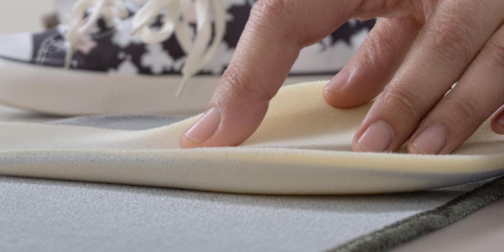 Hand pressing memory foam insole next to sneakers