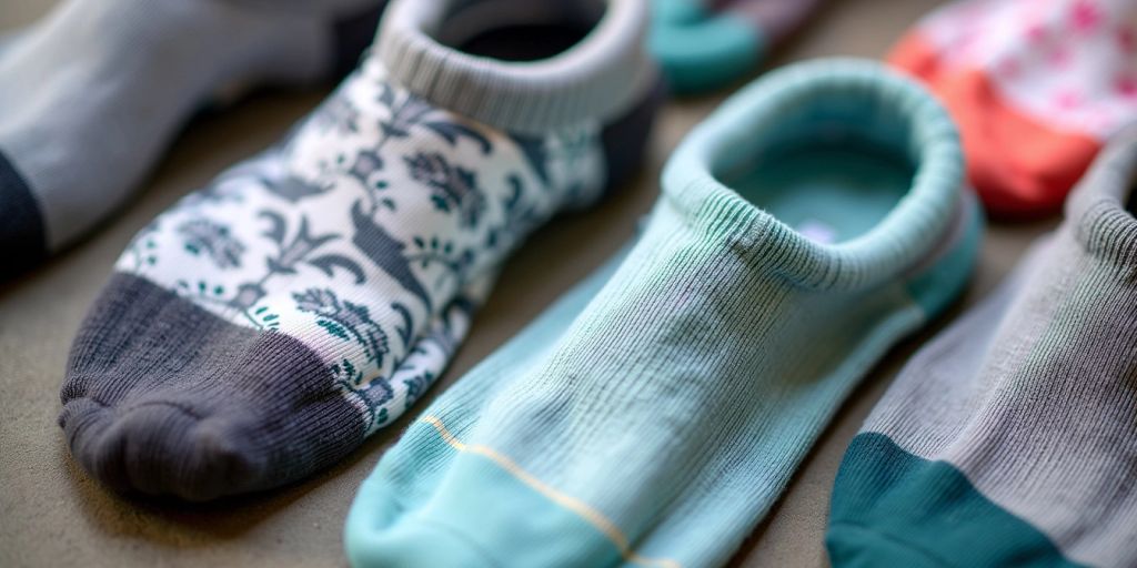 Colorful diabetic socks on a textured surface.