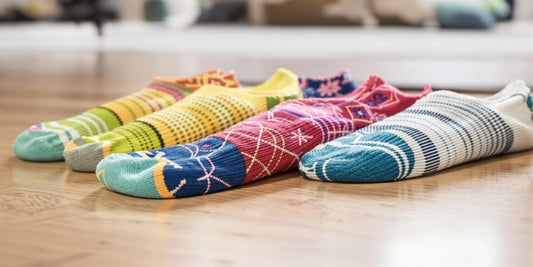 Colorful non slip socks with textured grips on floor