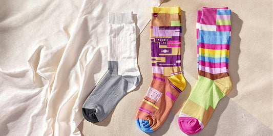 Close-up photo of vivid diabetic and compression socks on display.