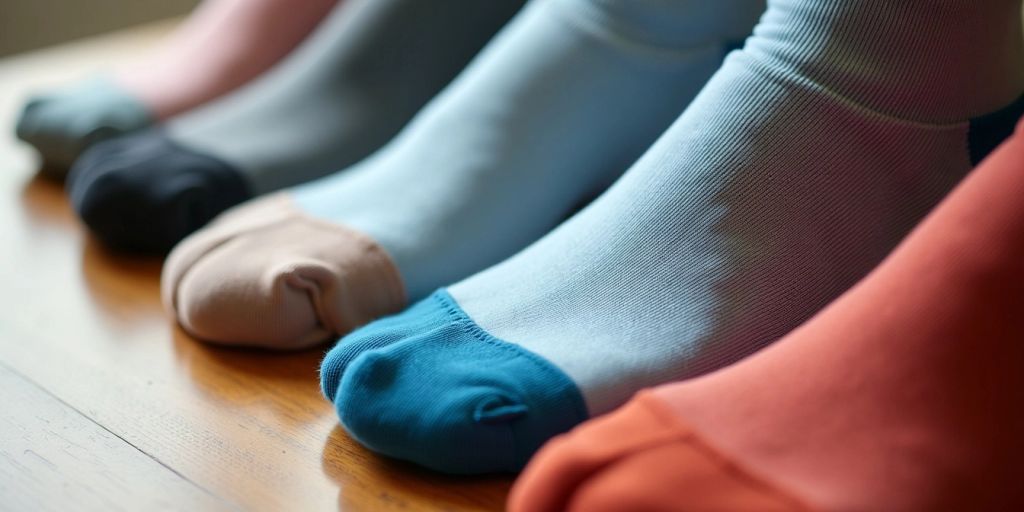 Close-up of colorful diabetic socks on a wooden surface.