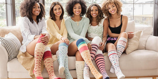 Women wearing colorful knee high socks on a sofa