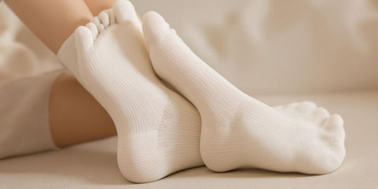 Bamboo diabetic socks on healthy feet resting comfortably.