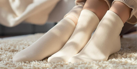 Feet in soft socks for swollen ankles on cozy rug.