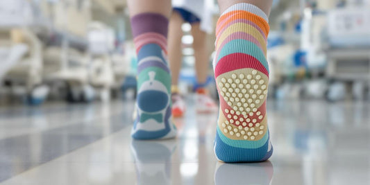 Patients wearing colorful non slip socks in hospital room