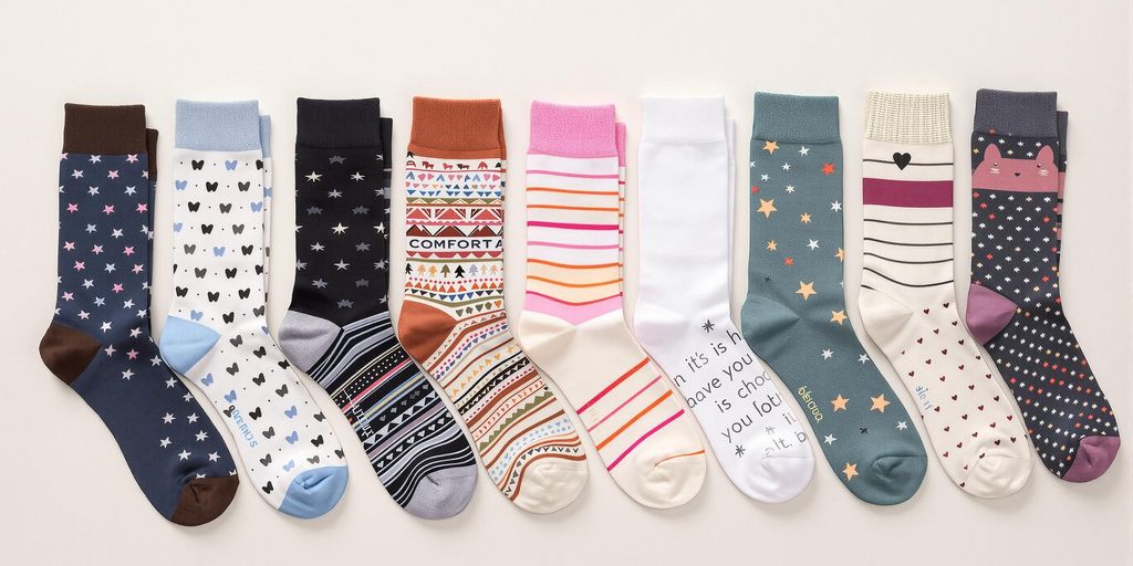 Colorful plus size diabetic socks arranged on a table.