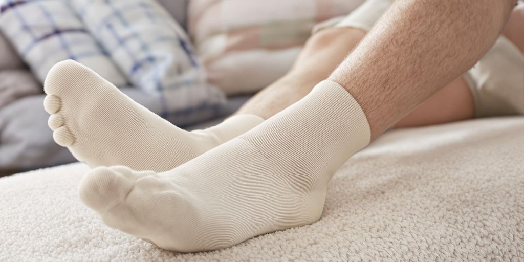 Man’s feet in cushioned diabetic socks on soft surface.