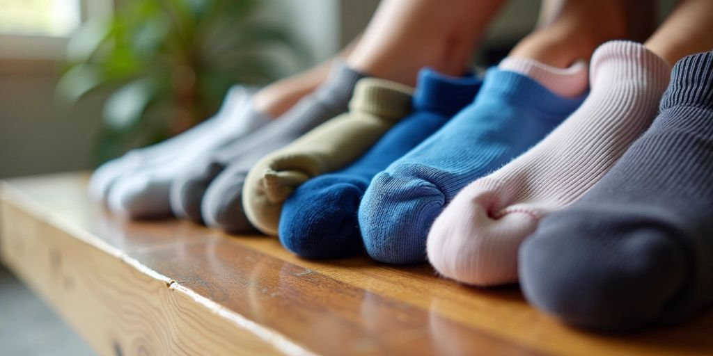 Colorful non-binding diabetic socks on a wooden surface.