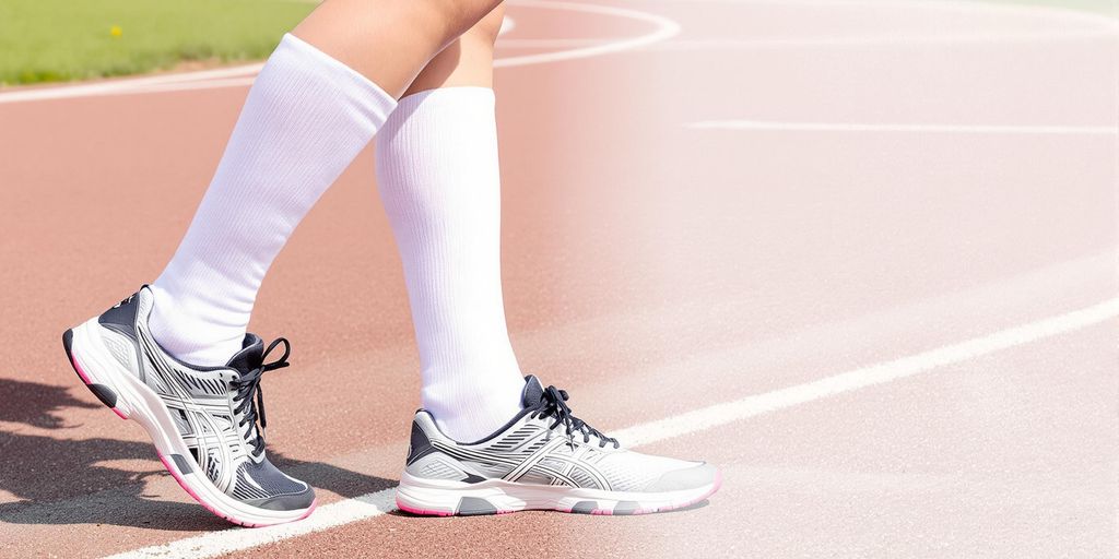 Person wearing white compression socks on outdoor running track